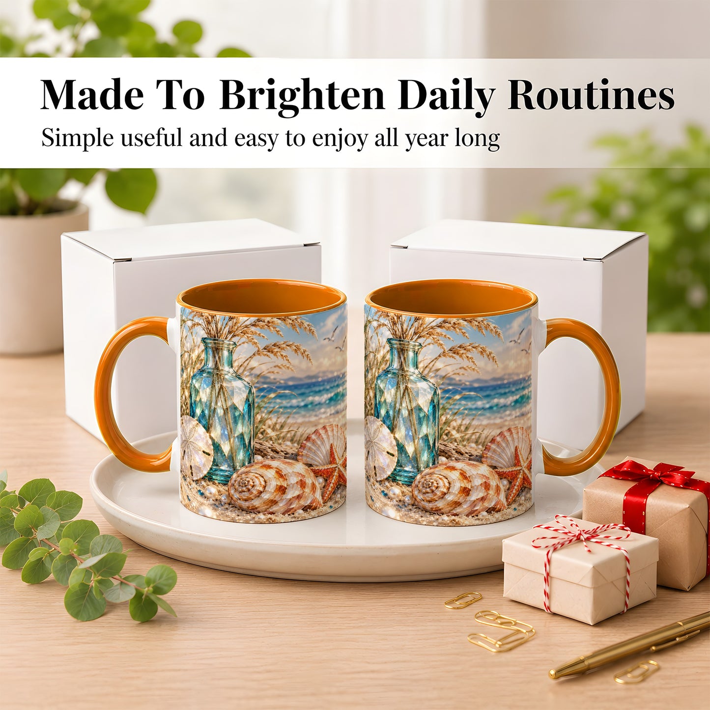 #pl[11oz|Orange] Faceted Seashell Coffee Mug, Coastal Mosaic Style Mug, Ceramic Cup