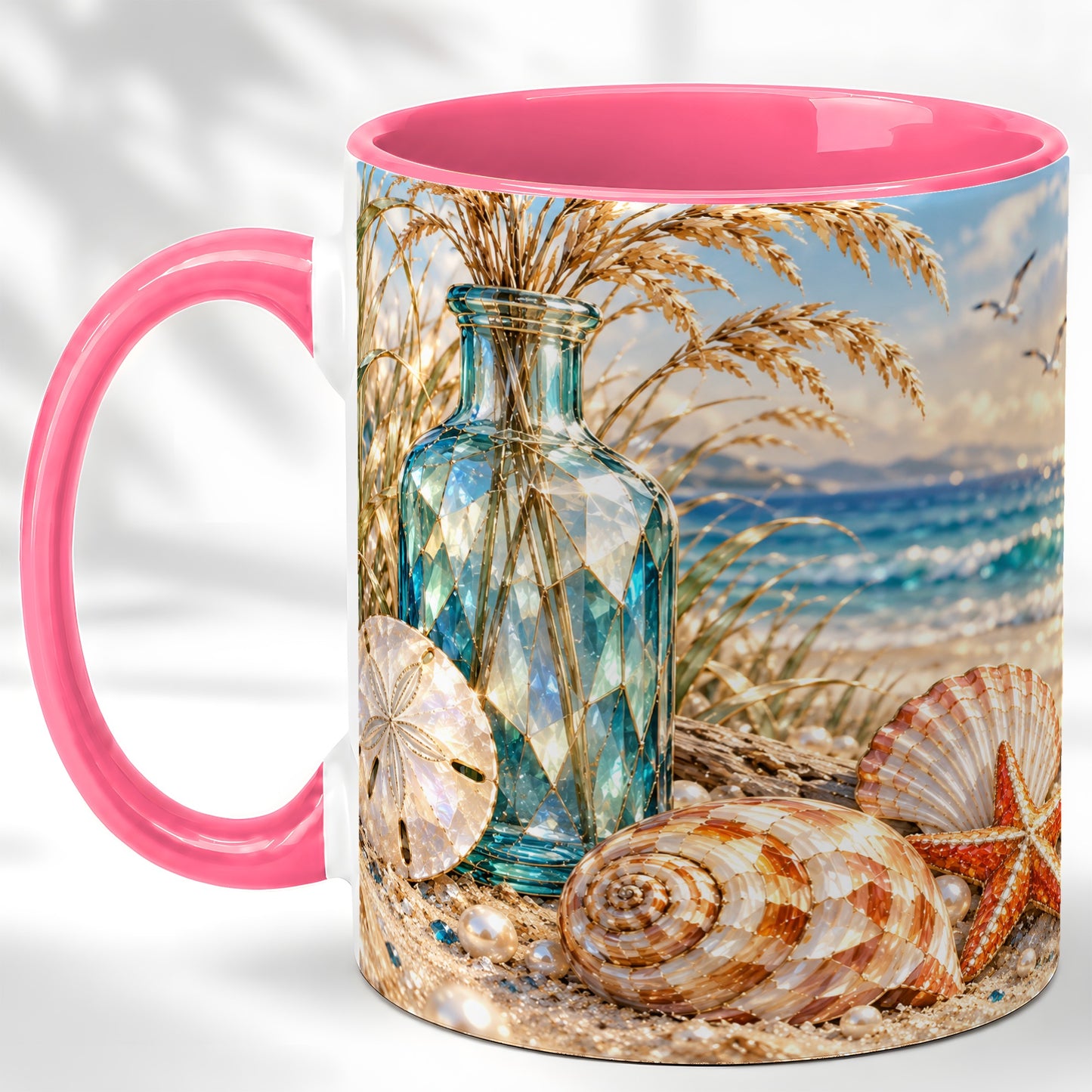 #pl[11oz|Pink] Faceted Seashell Coffee Mug, Coastal Mosaic Style Mug, Ceramic Cup