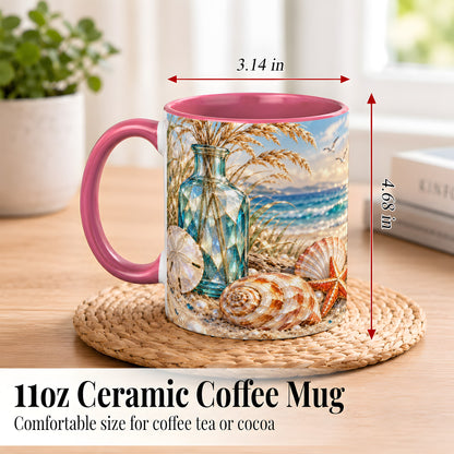 #pl[11oz|Pink] Faceted Seashell Coffee Mug, Coastal Mosaic Style Mug, Ceramic Cup