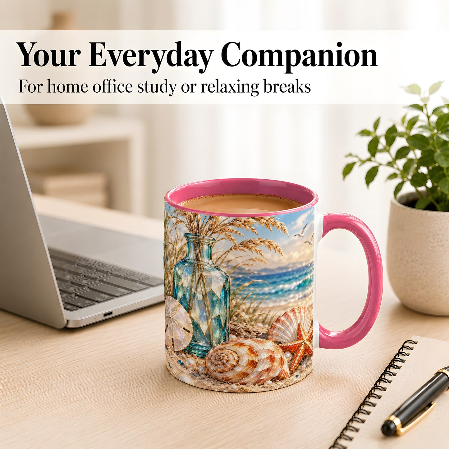 #pl[11oz|Pink] Faceted Seashell Coffee Mug, Coastal Mosaic Style Mug, Ceramic Cup