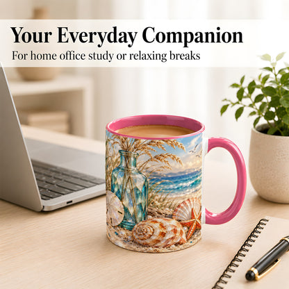 #pl[11oz|Pink] Faceted Seashell Coffee Mug, Coastal Mosaic Style Mug, Ceramic Cup