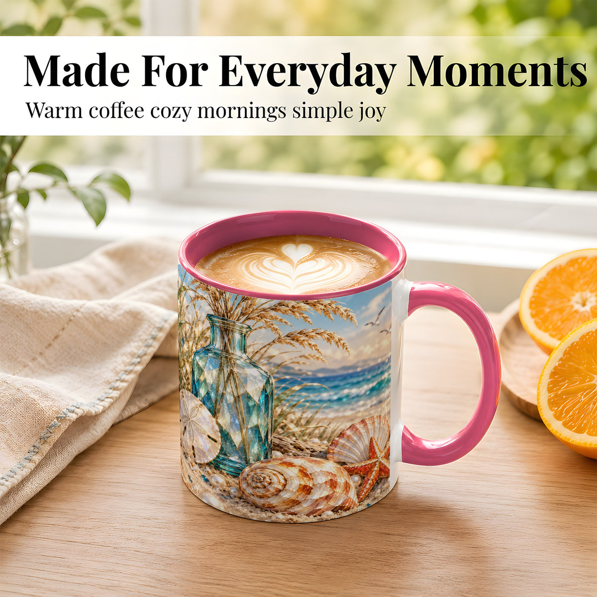 #pl[11oz|Pink] Faceted Seashell Coffee Mug, Coastal Mosaic Style Mug, Ceramic Cup