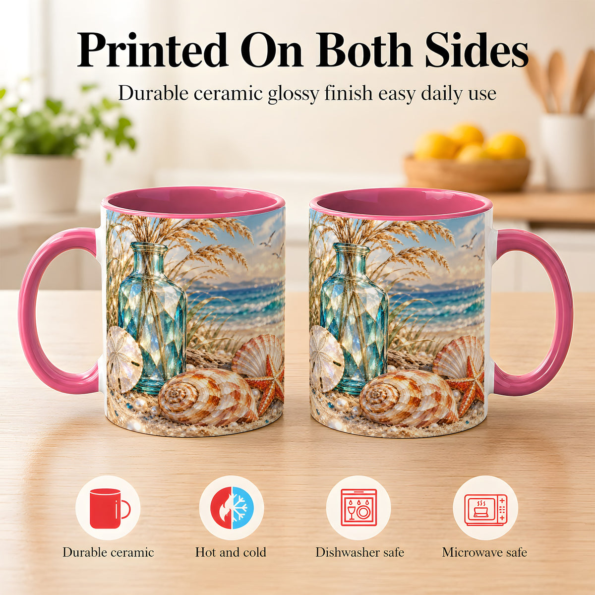 #pl[11oz|Pink] Faceted Seashell Coffee Mug, Coastal Mosaic Style Mug, Ceramic Cup