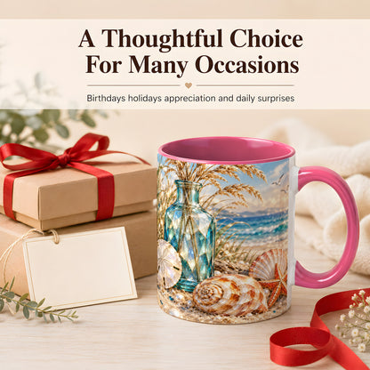 #pl[11oz|Pink] Faceted Seashell Coffee Mug, Coastal Mosaic Style Mug, Ceramic Cup