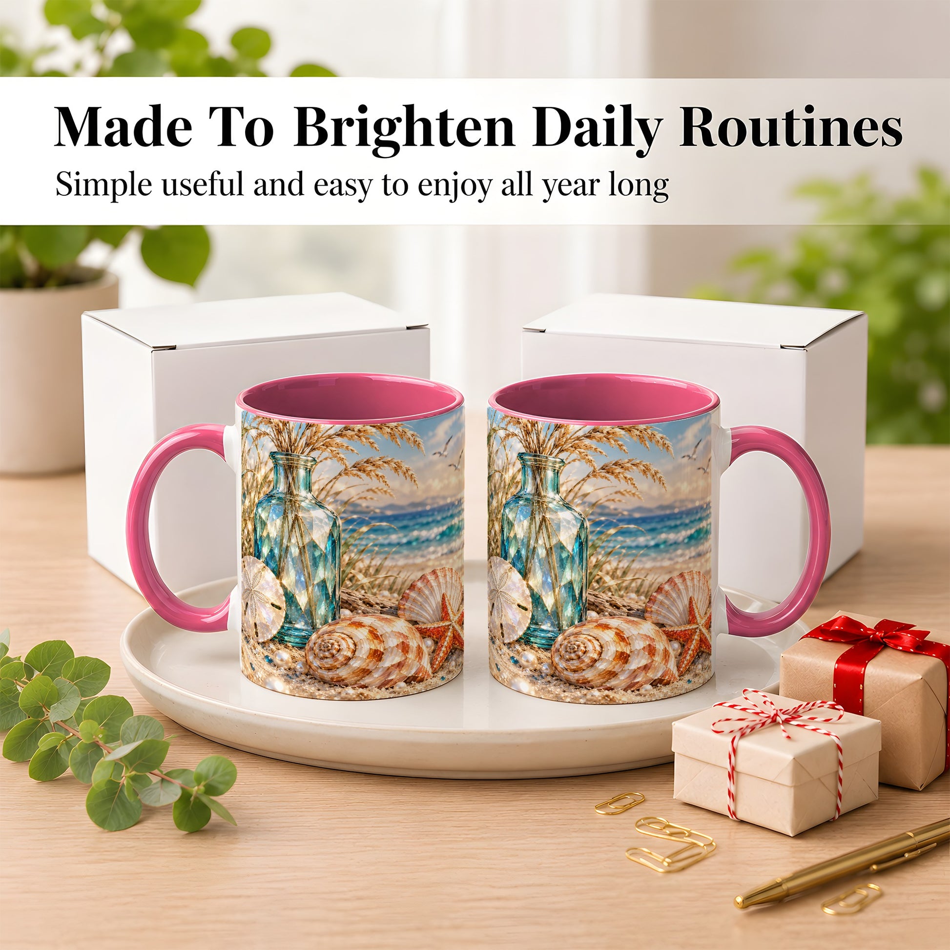 #pl[11oz|Pink] Faceted Seashell Coffee Mug, Coastal Mosaic Style Mug, Ceramic Cup