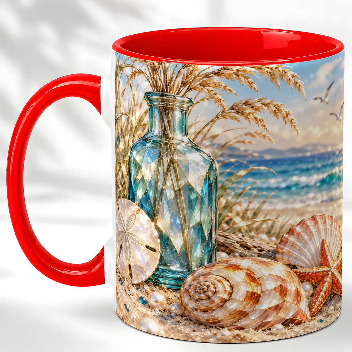 Faceted Seashell Coffee Mug, Coastal Mosaic Style Mug, Ceramic Cup