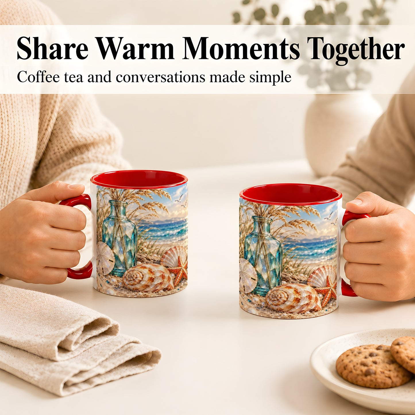 #pl[11oz|Red] Faceted Seashell Coffee Mug, Coastal Mosaic Style Mug, Ceramic Cup