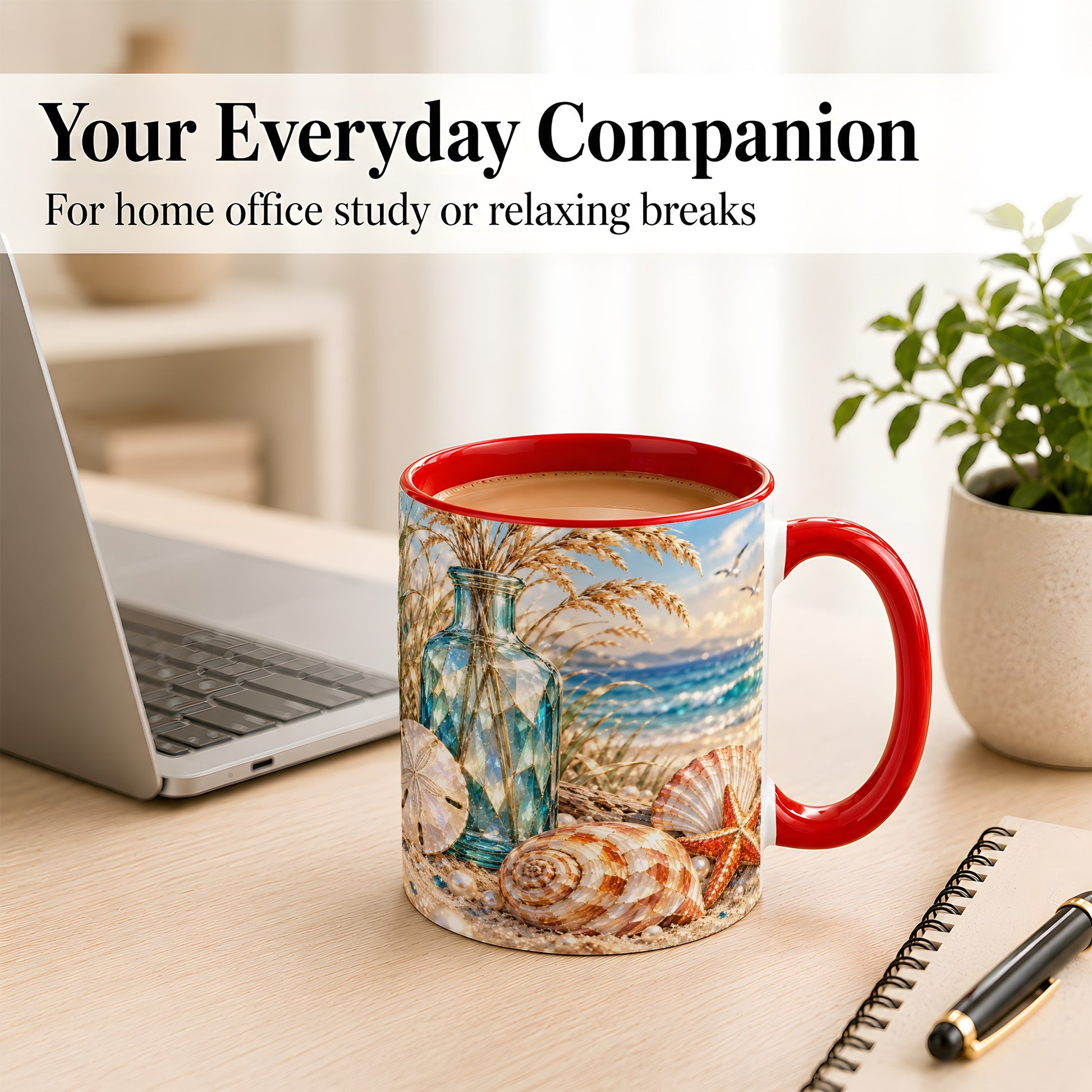 #pl[11oz|Red] Faceted Seashell Coffee Mug, Coastal Mosaic Style Mug, Ceramic Cup