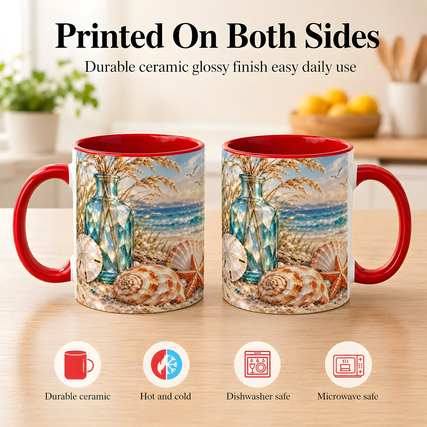 #pl[11oz|Red] Faceted Seashell Coffee Mug, Coastal Mosaic Style Mug, Ceramic Cup