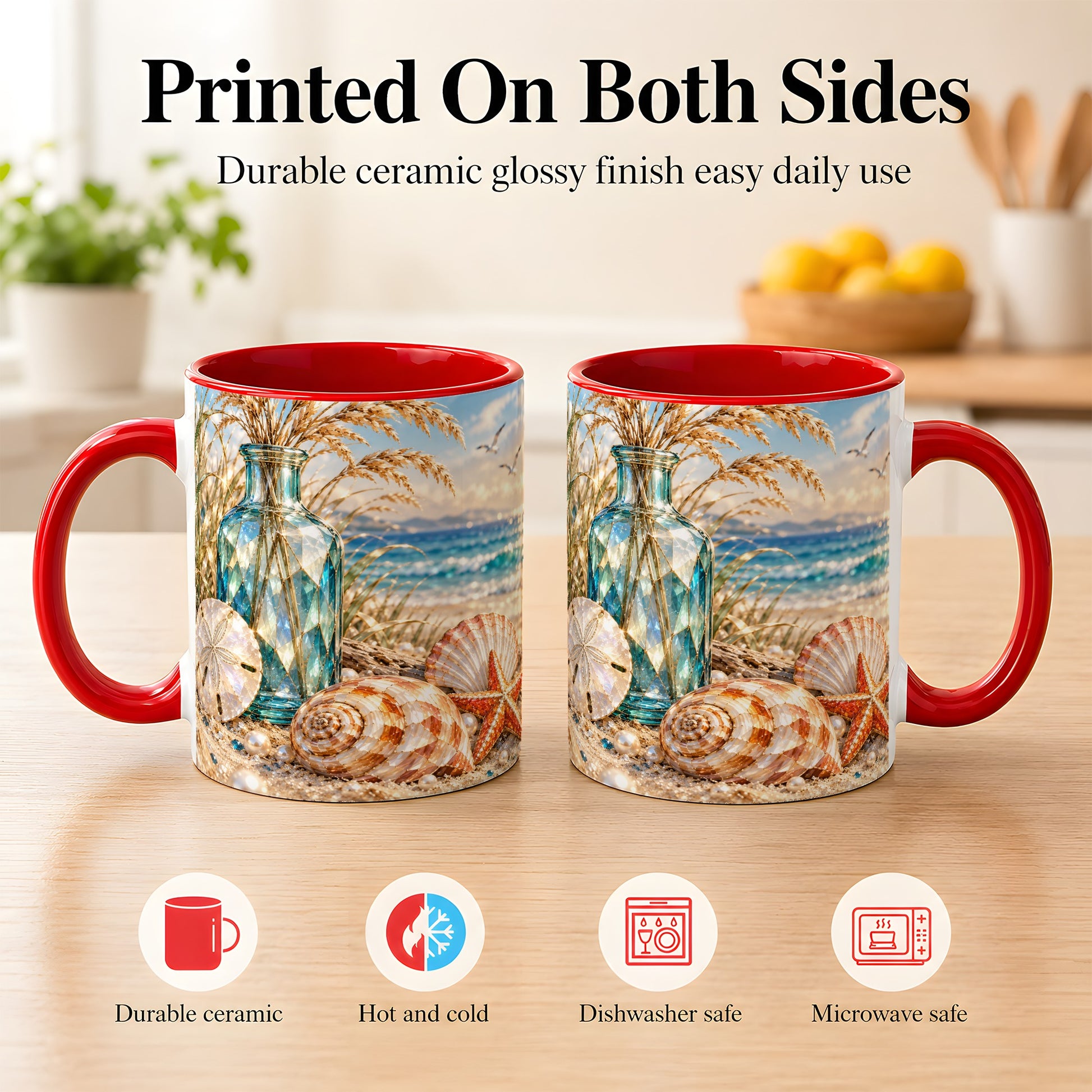 #pl[11oz|Red] Faceted Seashell Coffee Mug, Coastal Mosaic Style Mug, Ceramic Cup