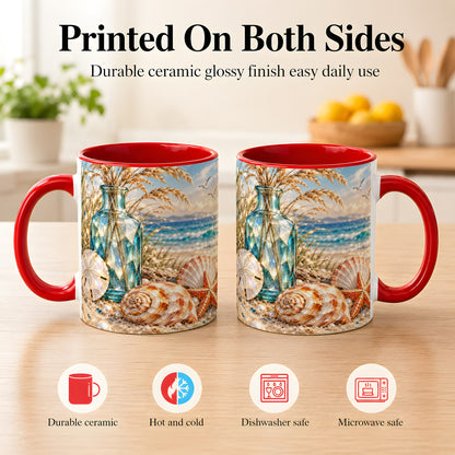 #pl[11oz|Red] Faceted Seashell Coffee Mug, Coastal Mosaic Style Mug, Ceramic Cup