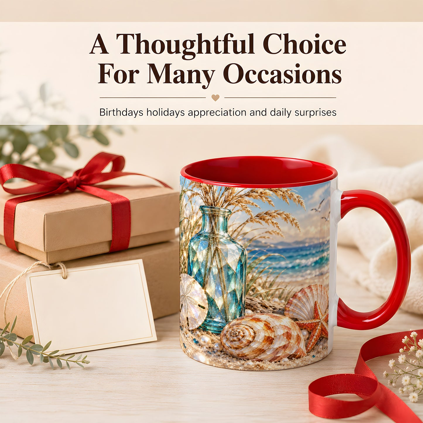#pl[11oz|Red] Faceted Seashell Coffee Mug, Coastal Mosaic Style Mug, Ceramic Cup