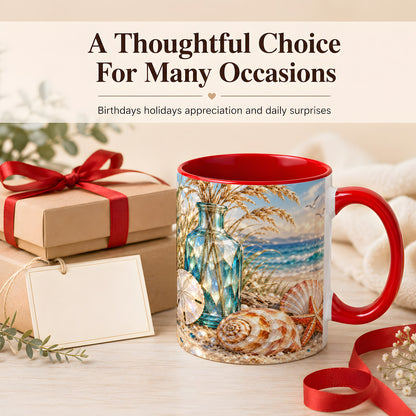 #pl[11oz|Red] Faceted Seashell Coffee Mug, Coastal Mosaic Style Mug, Ceramic Cup