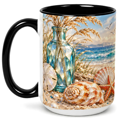 #pl[15oz|Black] Faceted Seashell Coffee Mug, Coastal Mosaic Style Mug, Ceramic Cup