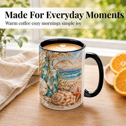 #pl[15oz|Black] Faceted Seashell Coffee Mug, Coastal Mosaic Style Mug, Ceramic Cup