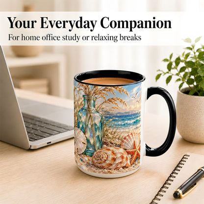 #pl[15oz|Black] Faceted Seashell Coffee Mug, Coastal Mosaic Style Mug, Ceramic Cup