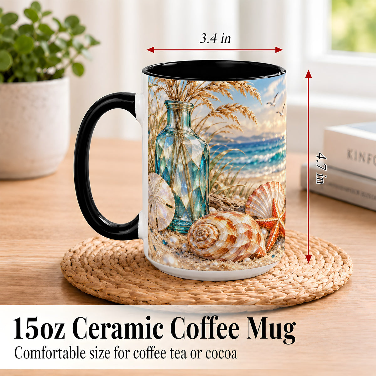 #pl[15oz|Black] Faceted Seashell Coffee Mug, Coastal Mosaic Style Mug, Ceramic Cup