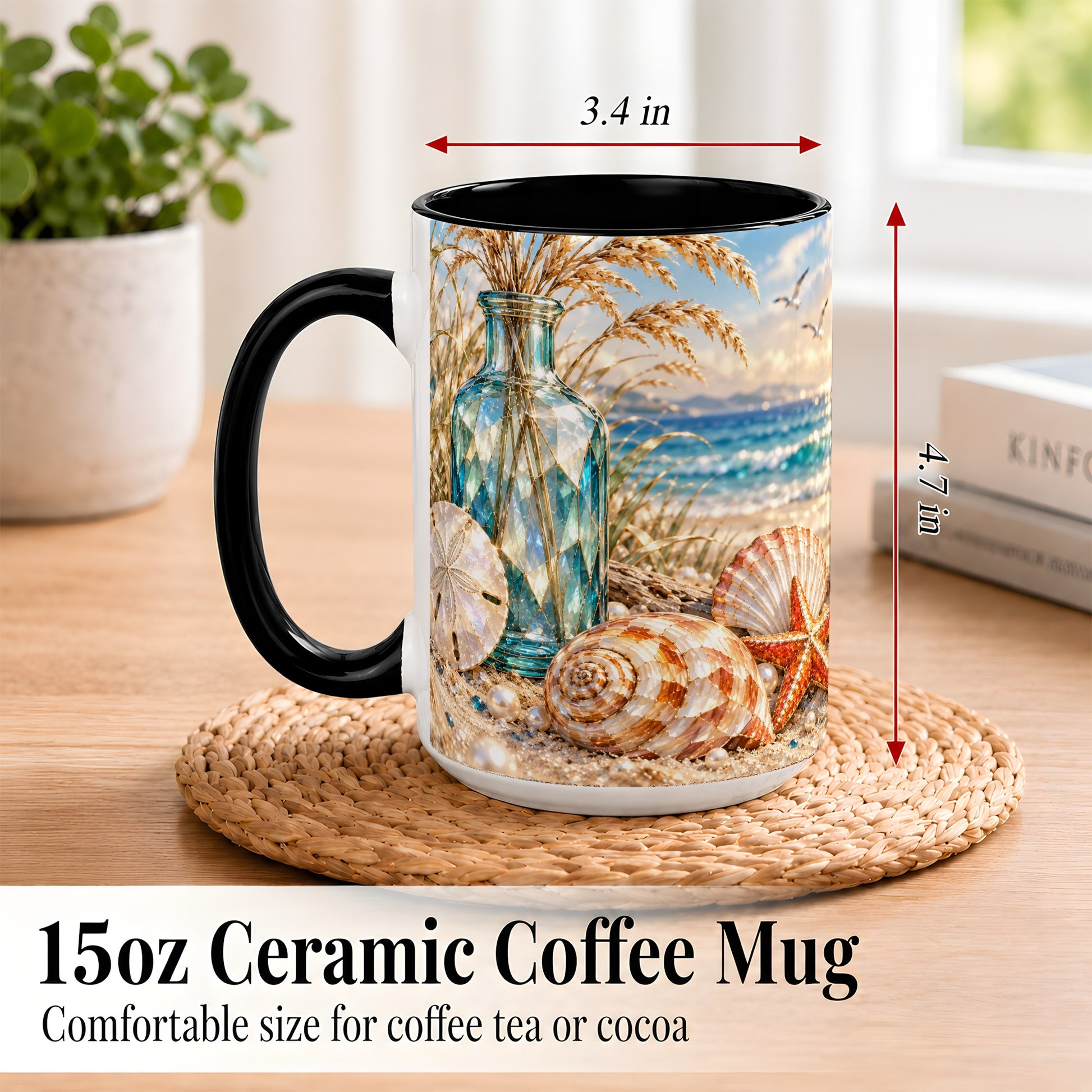#pl[15oz|Black] Faceted Seashell Coffee Mug, Coastal Mosaic Style Mug, Ceramic Cup