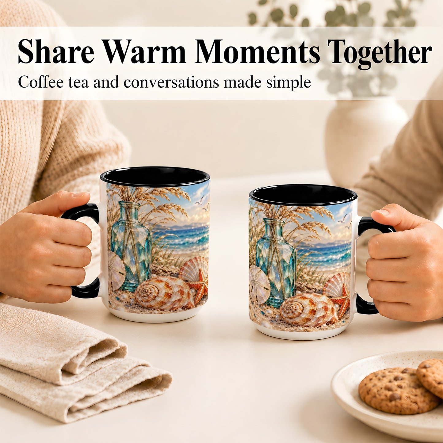 #pl[15oz|Black] Faceted Seashell Coffee Mug, Coastal Mosaic Style Mug, Ceramic Cup