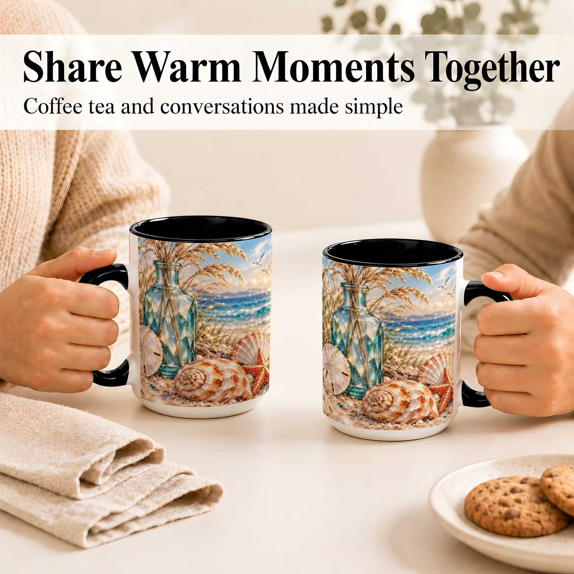 #pl[15oz|Black] Faceted Seashell Coffee Mug, Coastal Mosaic Style Mug, Ceramic Cup