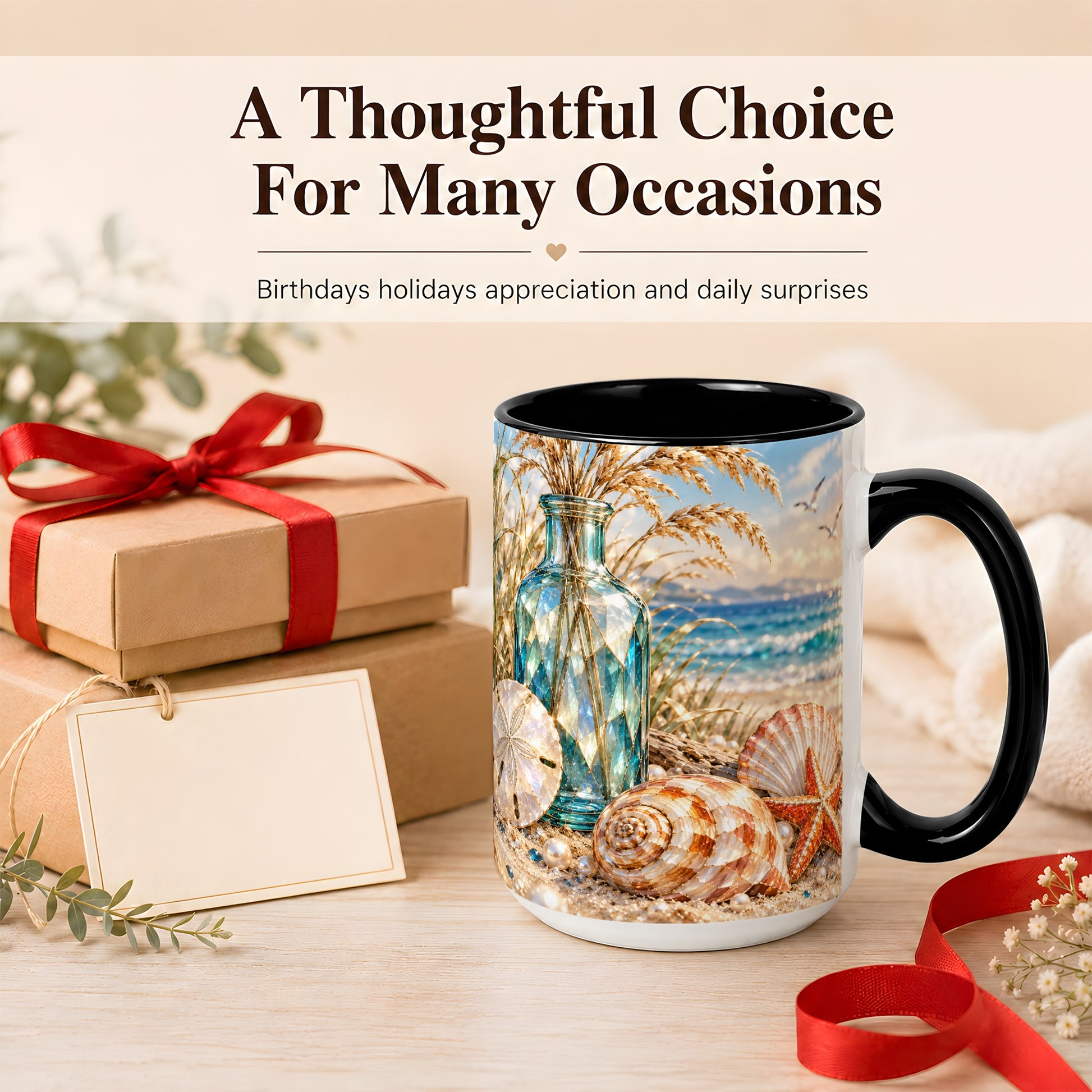 #pl[15oz|Black] Faceted Seashell Coffee Mug, Coastal Mosaic Style Mug, Ceramic Cup