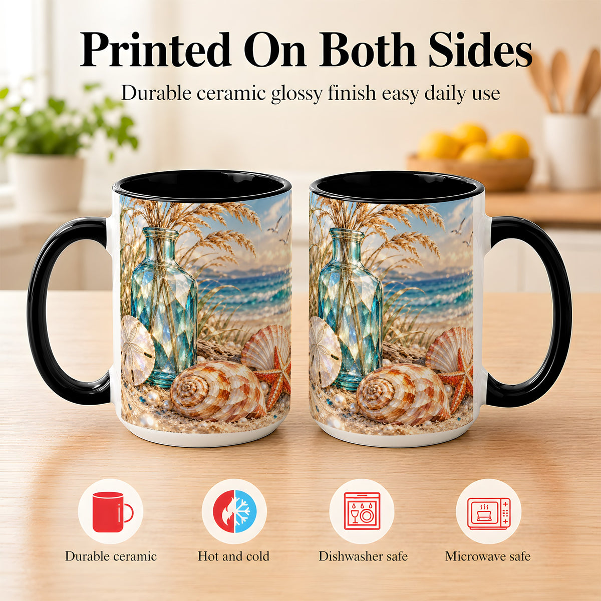 #pl[15oz|Black] Faceted Seashell Coffee Mug, Coastal Mosaic Style Mug, Ceramic Cup