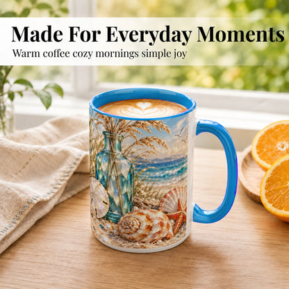 #pl[15oz|Blue] Faceted Seashell Coffee Mug, Coastal Mosaic Style Mug, Ceramic Cup