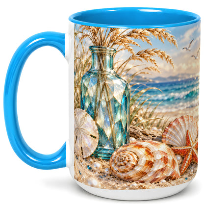 #pl[15oz|Blue] Faceted Seashell Coffee Mug, Coastal Mosaic Style Mug, Ceramic Cup