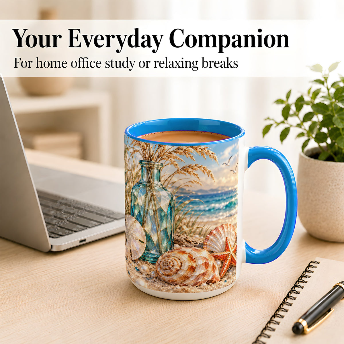 #pl[15oz|Blue] Faceted Seashell Coffee Mug, Coastal Mosaic Style Mug, Ceramic Cup