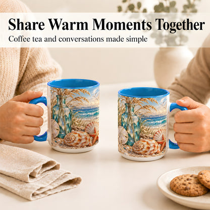 #pl[15oz|Blue] Faceted Seashell Coffee Mug, Coastal Mosaic Style Mug, Ceramic Cup