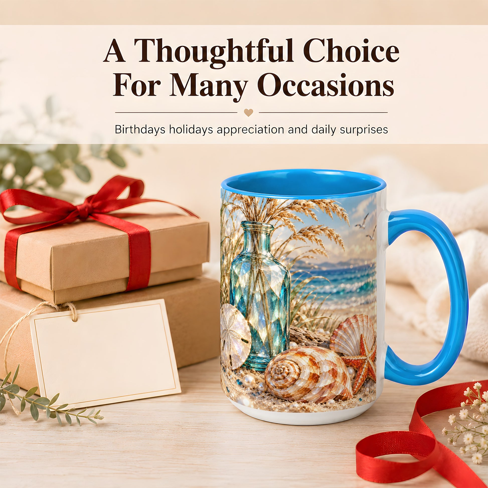 #pl[15oz|Blue] Faceted Seashell Coffee Mug, Coastal Mosaic Style Mug, Ceramic Cup