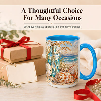 #pl[15oz|Blue] Faceted Seashell Coffee Mug, Coastal Mosaic Style Mug, Ceramic Cup
