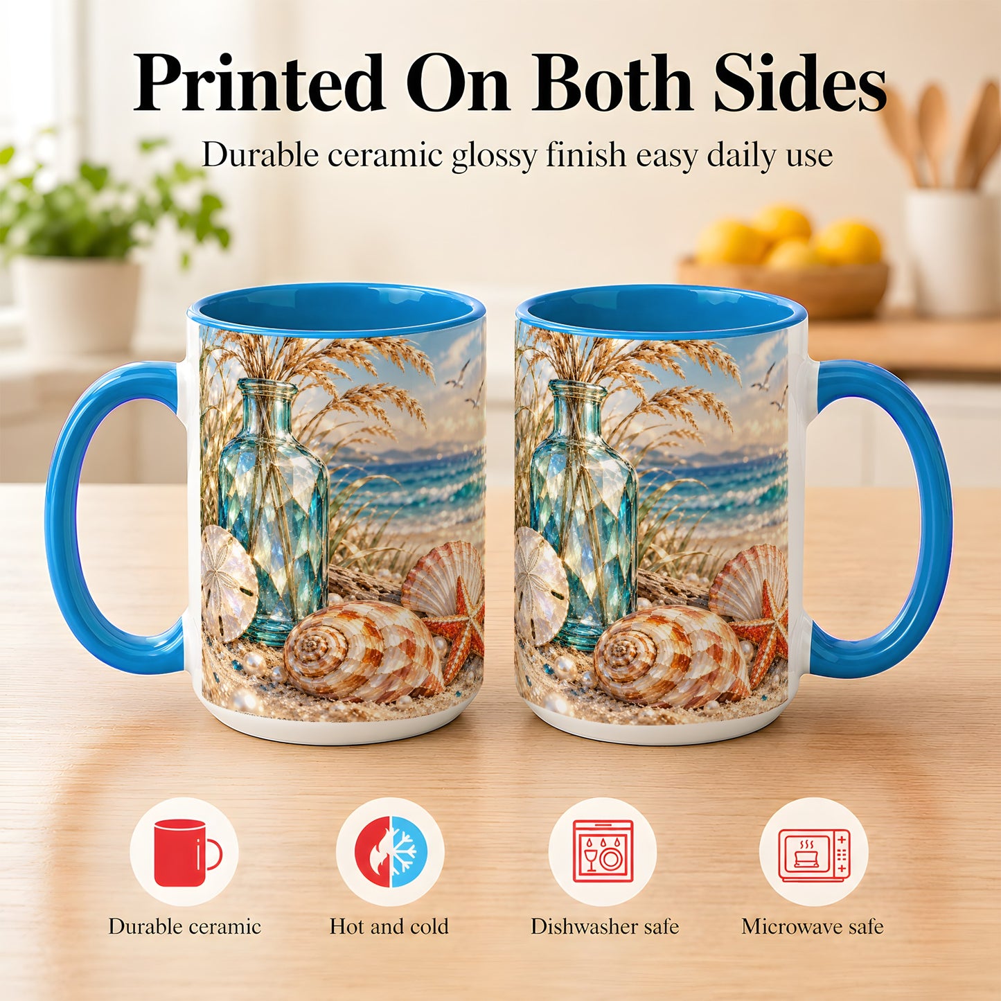 #pl[15oz|Blue] Faceted Seashell Coffee Mug, Coastal Mosaic Style Mug, Ceramic Cup