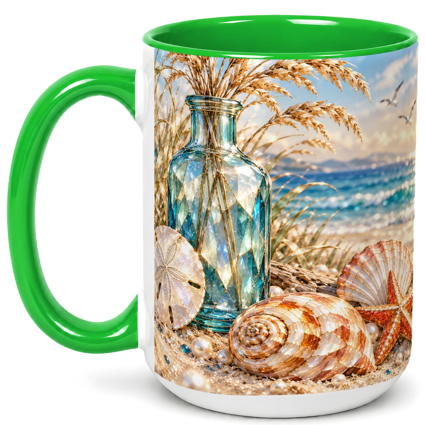 #pl[15oz|Green] Faceted Seashell Coffee Mug, Coastal Mosaic Style Mug, Ceramic Cup