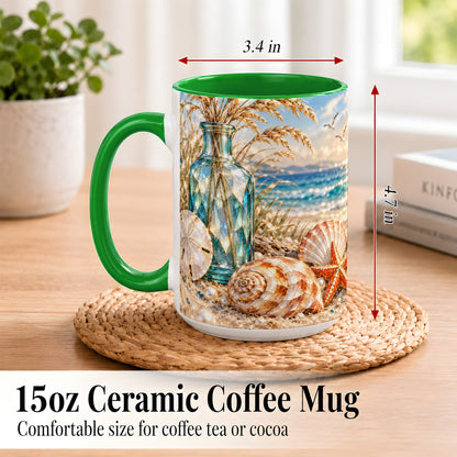 #pl[15oz|Green] Faceted Seashell Coffee Mug, Coastal Mosaic Style Mug, Ceramic Cup