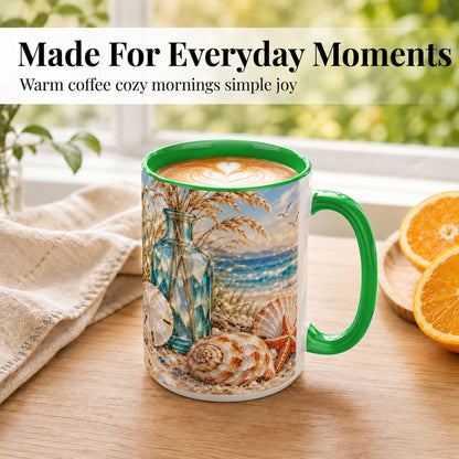 #pl[15oz|Green] Faceted Seashell Coffee Mug, Coastal Mosaic Style Mug, Ceramic Cup