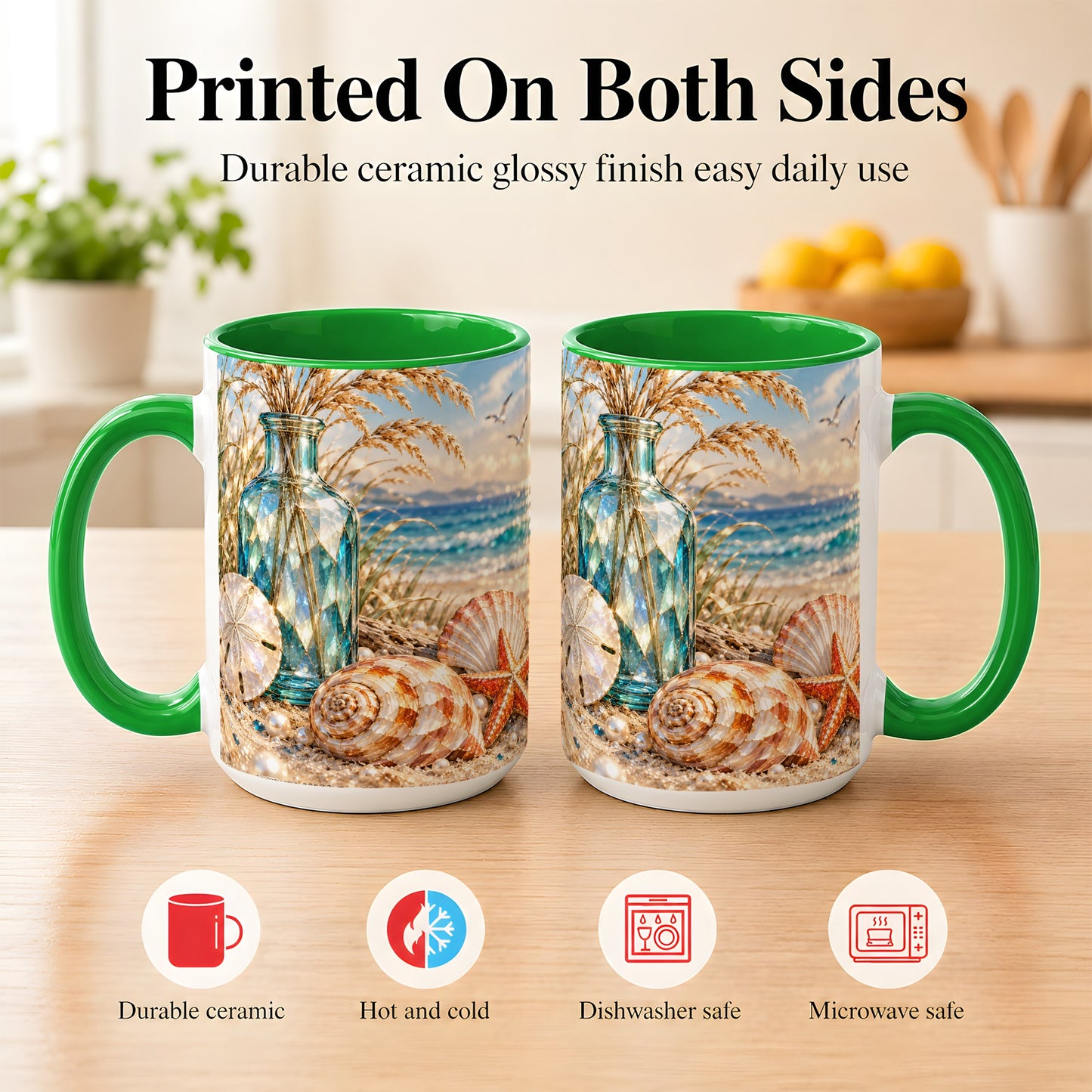#pl[15oz|Green] Faceted Seashell Coffee Mug, Coastal Mosaic Style Mug, Ceramic Cup