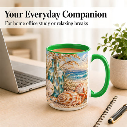 #pl[15oz|Green] Faceted Seashell Coffee Mug, Coastal Mosaic Style Mug, Ceramic Cup