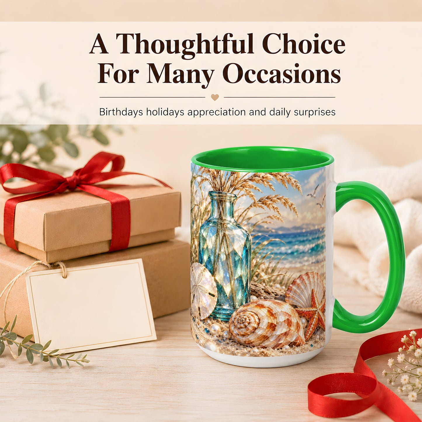 #pl[15oz|Green] Faceted Seashell Coffee Mug, Coastal Mosaic Style Mug, Ceramic Cup