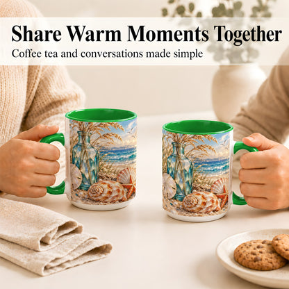 #pl[15oz|Green] Faceted Seashell Coffee Mug, Coastal Mosaic Style Mug, Ceramic Cup