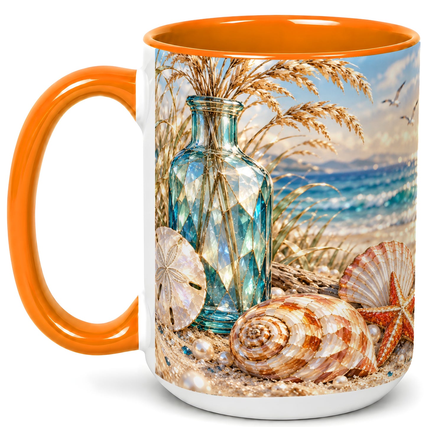 #pl[15oz|Orange] Faceted Seashell Coffee Mug, Coastal Mosaic Style Mug, Ceramic Cup