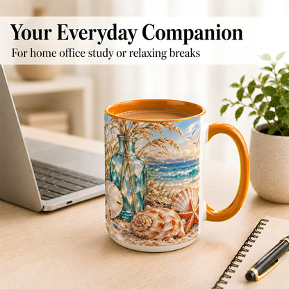 #pl[15oz|Orange] Faceted Seashell Coffee Mug, Coastal Mosaic Style Mug, Ceramic Cup