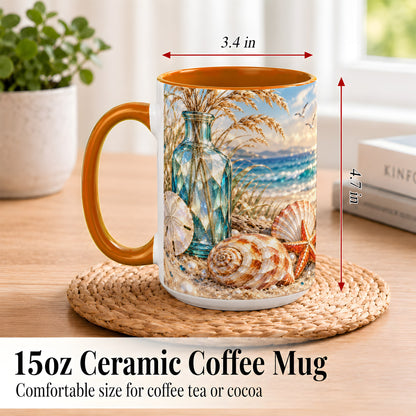 #pl[15oz|Orange] Faceted Seashell Coffee Mug, Coastal Mosaic Style Mug, Ceramic Cup
