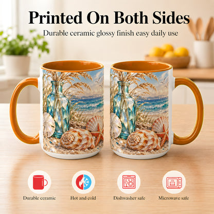 #pl[15oz|Orange] Faceted Seashell Coffee Mug, Coastal Mosaic Style Mug, Ceramic Cup
