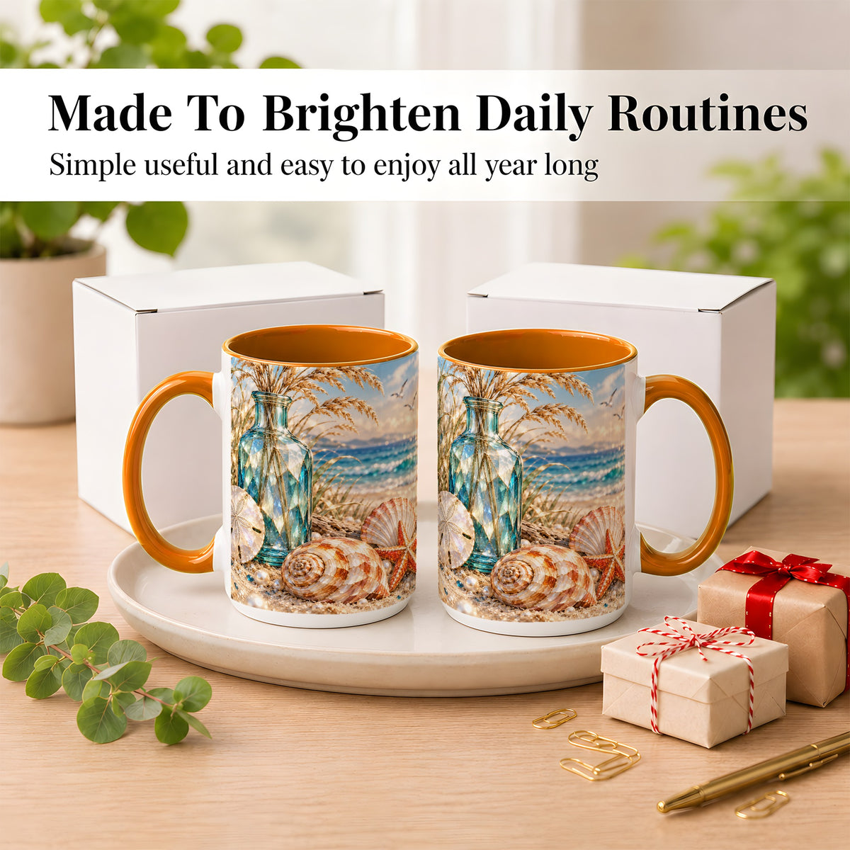 #pl[15oz|Orange] Faceted Seashell Coffee Mug, Coastal Mosaic Style Mug, Ceramic Cup