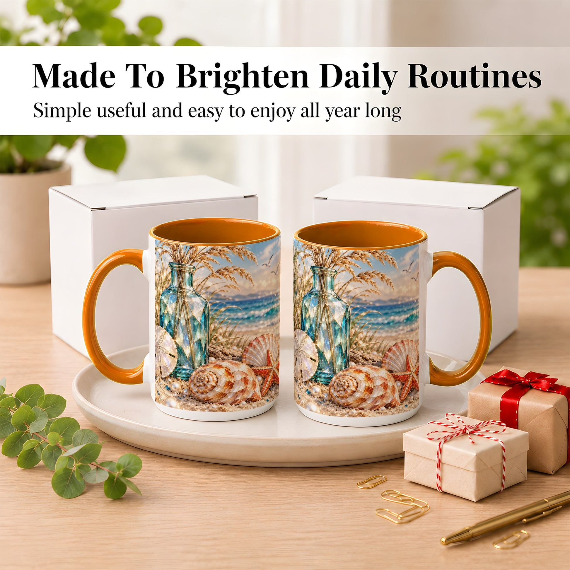 #pl[15oz|Orange] Faceted Seashell Coffee Mug, Coastal Mosaic Style Mug, Ceramic Cup