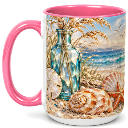 #pl[15oz|Pink] Faceted Seashell Coffee Mug, Coastal Mosaic Style Mug, Ceramic Cup
