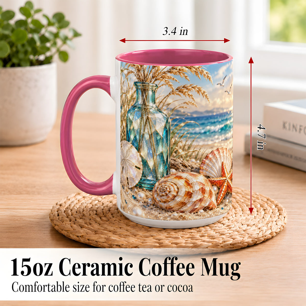 #pl[15oz|Pink] Faceted Seashell Coffee Mug, Coastal Mosaic Style Mug, Ceramic Cup
