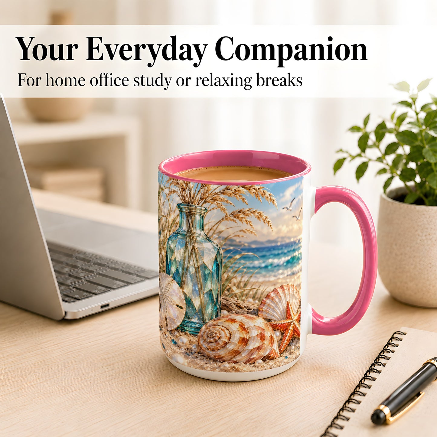 #pl[15oz|Pink] Faceted Seashell Coffee Mug, Coastal Mosaic Style Mug, Ceramic Cup