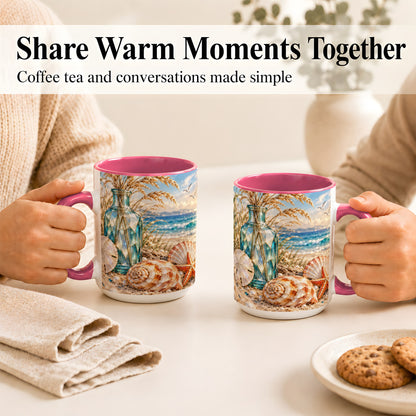 #pl[15oz|Pink] Faceted Seashell Coffee Mug, Coastal Mosaic Style Mug, Ceramic Cup
